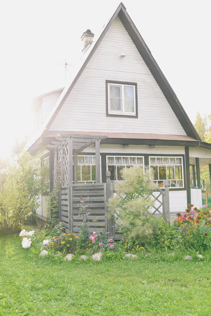 Exterior of cozy rural wooden cottage